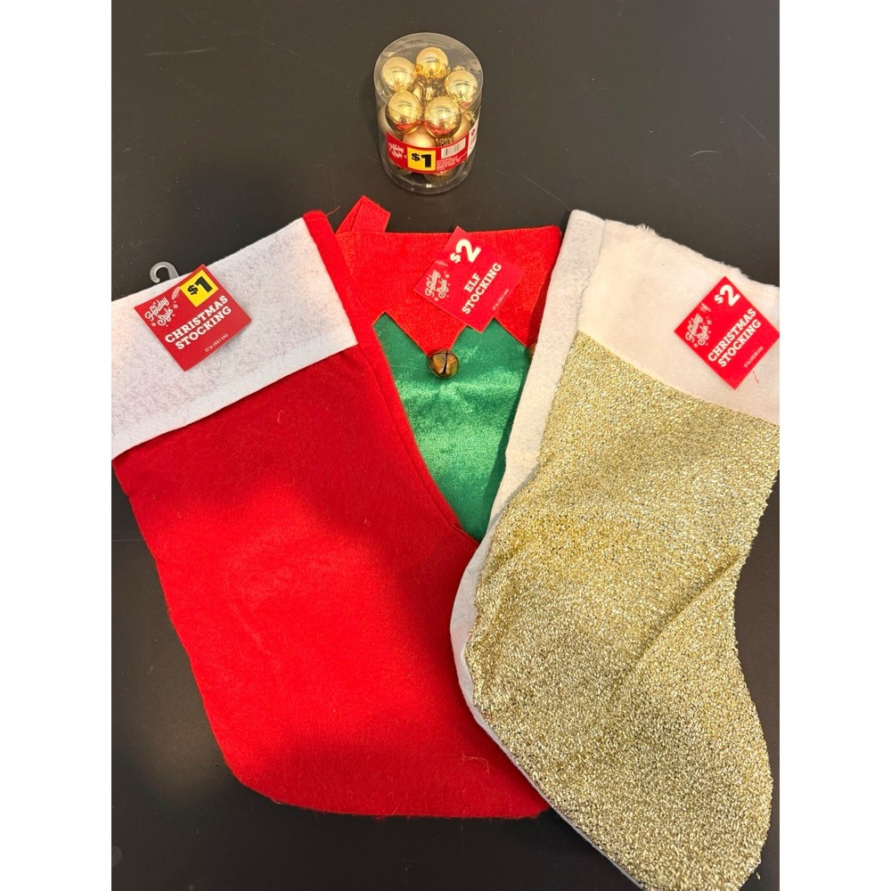 Holiday Joy Lot of 3 Elf Christmas Stockings Glitter Red White Gold 18 in